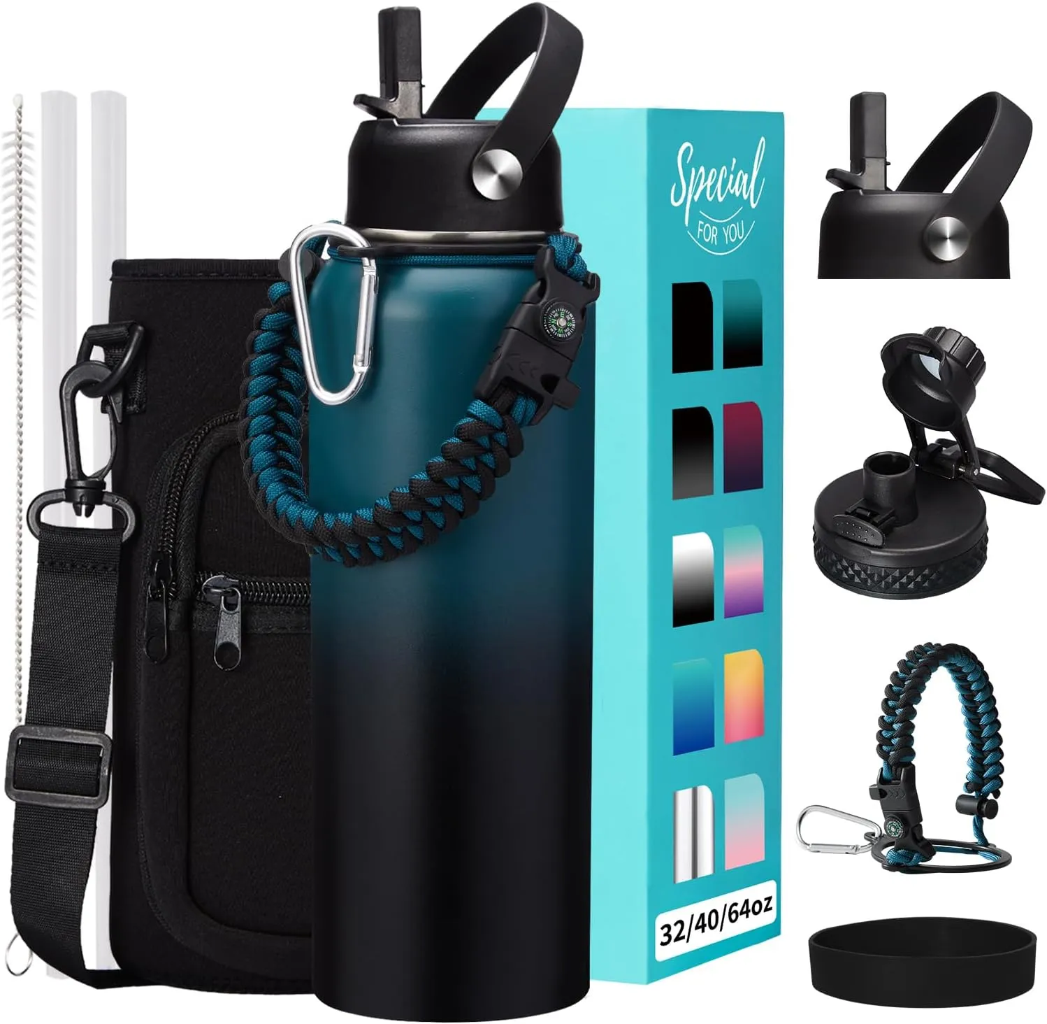 40OZ Vacuum Insulated Water Bottle - Keep Cold 48H Hot 24H, Combo Straw & Spout Lids, Survival Paracord Handle, Bottle Carrier Bag w/ Strap, Protective Cup Mat, Stainless Steel Waterbottle Flask Jug