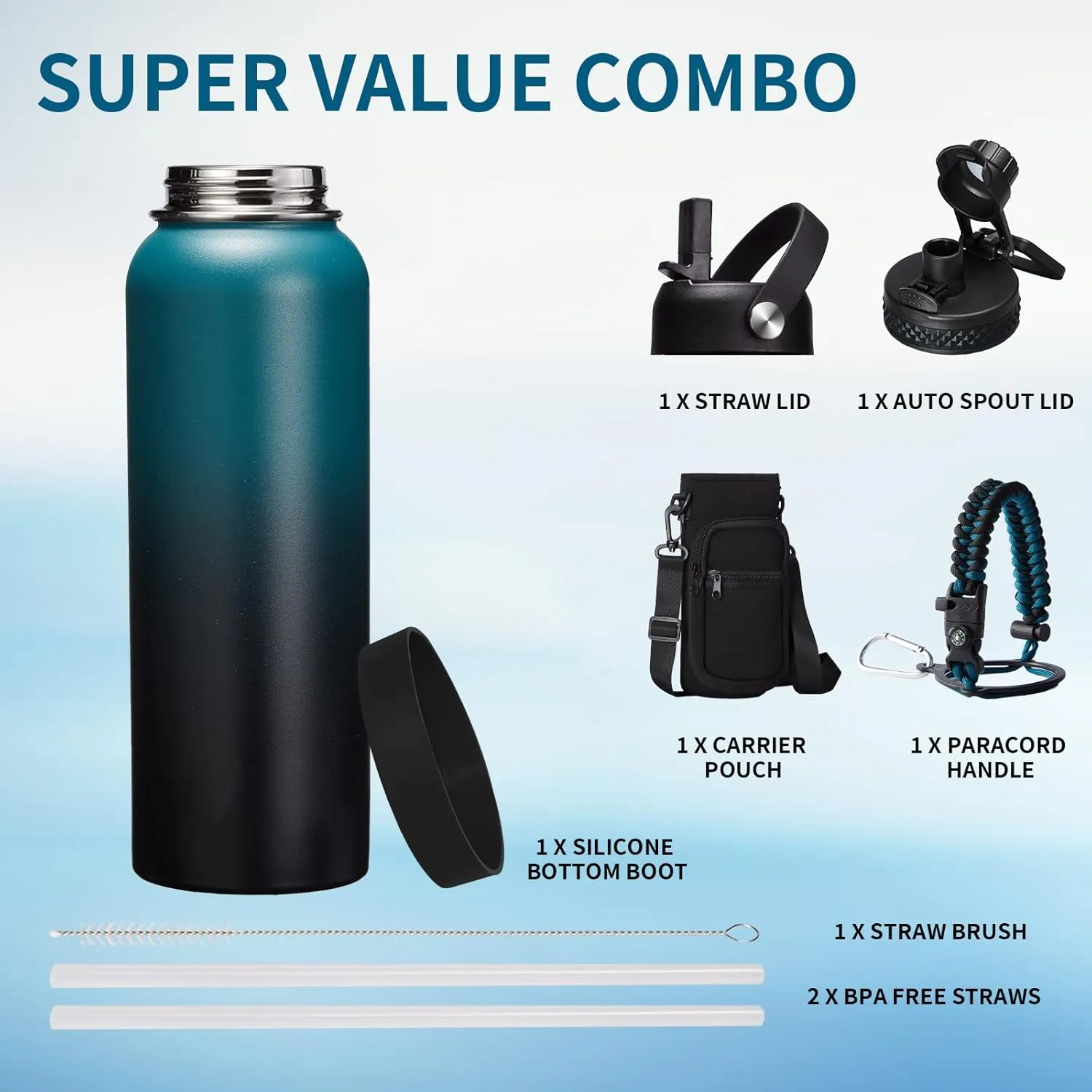 40OZ Vacuum Insulated Water Bottle - Keep Cold 48H Hot 24H, Combo Straw & Spout Lids, Survival Paracord Handle, Bottle Carrier Bag w/ Strap, Protective Cup Mat, Stainless Steel Waterbottle Flask Jug