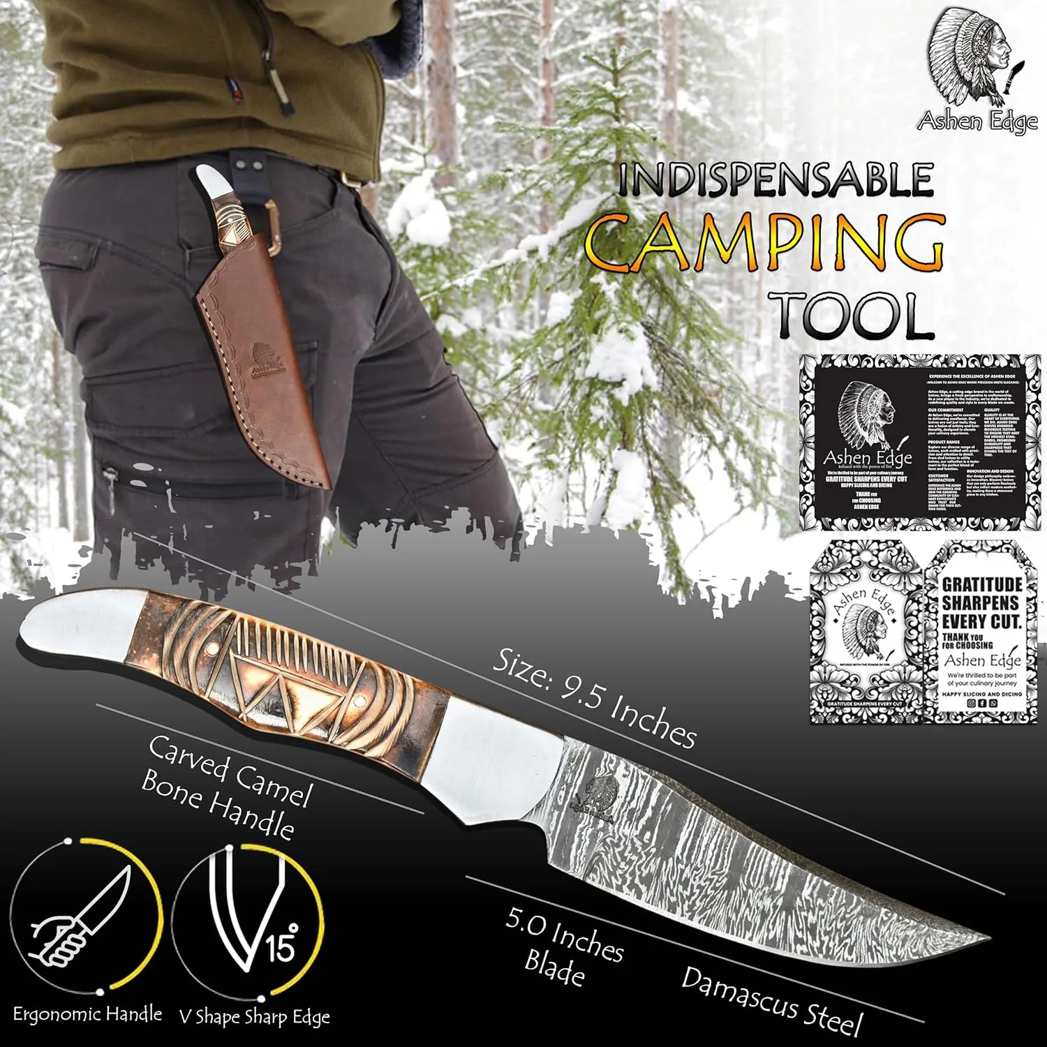4.4" Fixed Blade Knife Handmade Damascus Steel 5" Handle Lightweight 11.2oz Includes Leather Sheath for Camping, Outdoor (Brown)