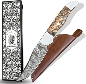 4.4" Fixed Blade Knife Handmade Damascus Steel 5" Handle Lightweight 11.2oz Includes Leather Sheath for Camping, Outdoor (Brown)