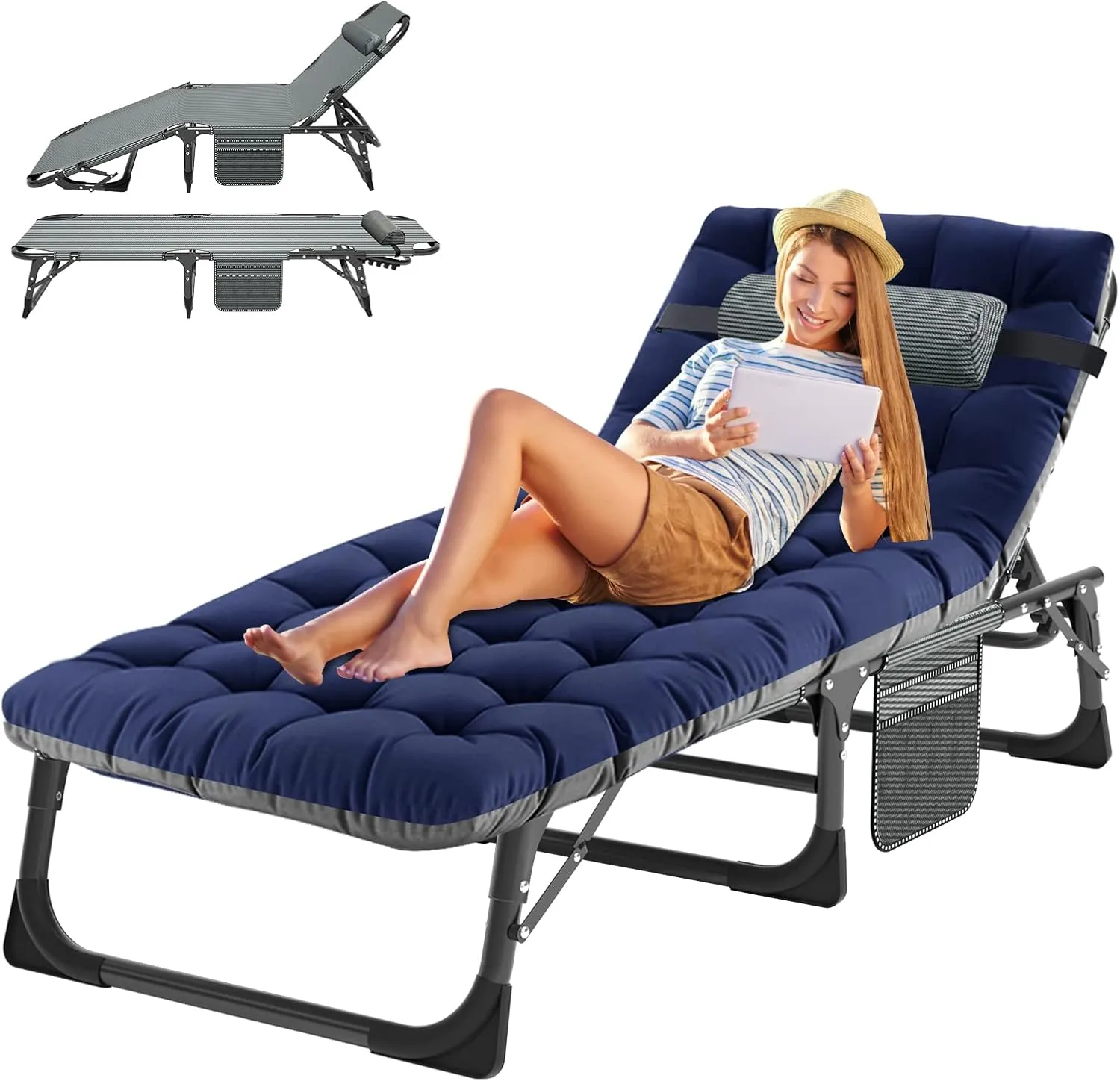 5-Position Outdoor Camping Cot for Adults, Portable Folding Sleeping Chair with Pillow, Ideal for Beach, Lawn, Pool, and Sunbathing - Comfortable & Versatile Lounger