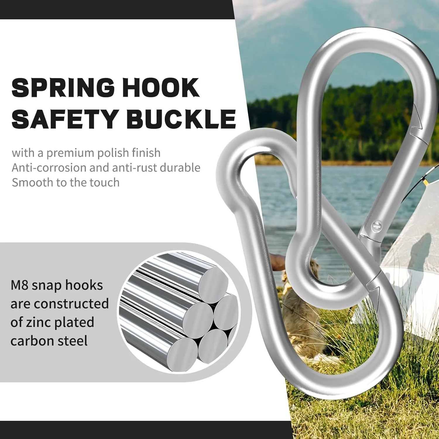 50PCS M5 Spring Snap Hook Carabiner, Heavy Duty Galvanized Steel Carabiner Clip, 200LBS Holding Capacity Spring Clips for Hammock Swing Outdoor Travel