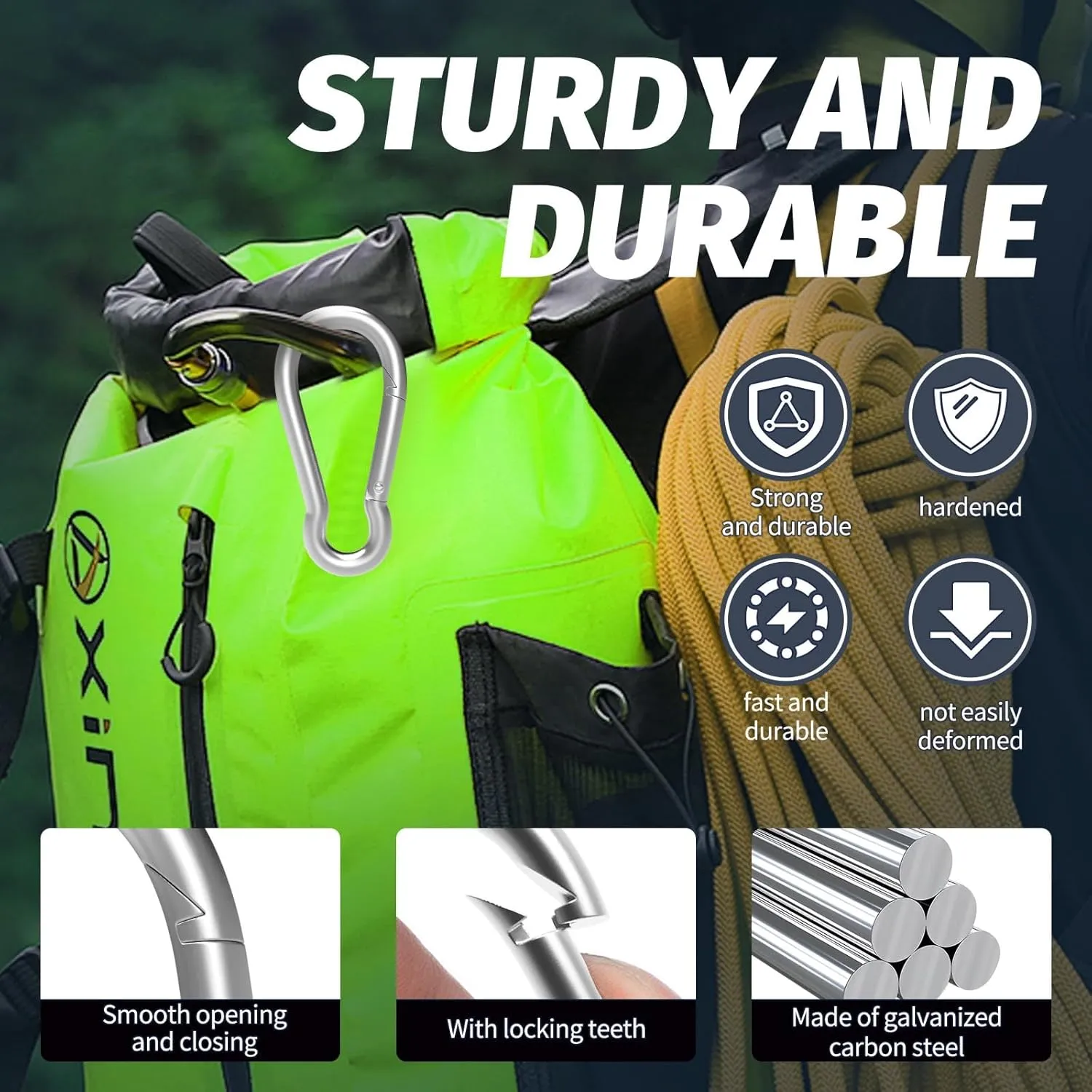 50PCS M5 Spring Snap Hook Carabiner, Heavy Duty Galvanized Steel Carabiner Clip, 200LBS Holding Capacity Spring Clips for Hammock Swing Outdoor Travel