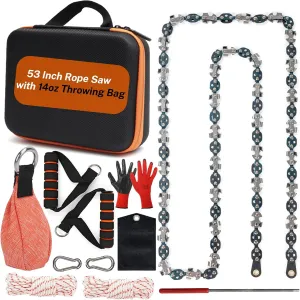 53 Inch High Limb Rope Saw with 14oz Throw Weight Bag, Hand Chainsaw with 68 Sharp Teeth Blades on Both Sides, Hand Rope Chain Saw Kit Includes Ergonomic Handles and Storage Case