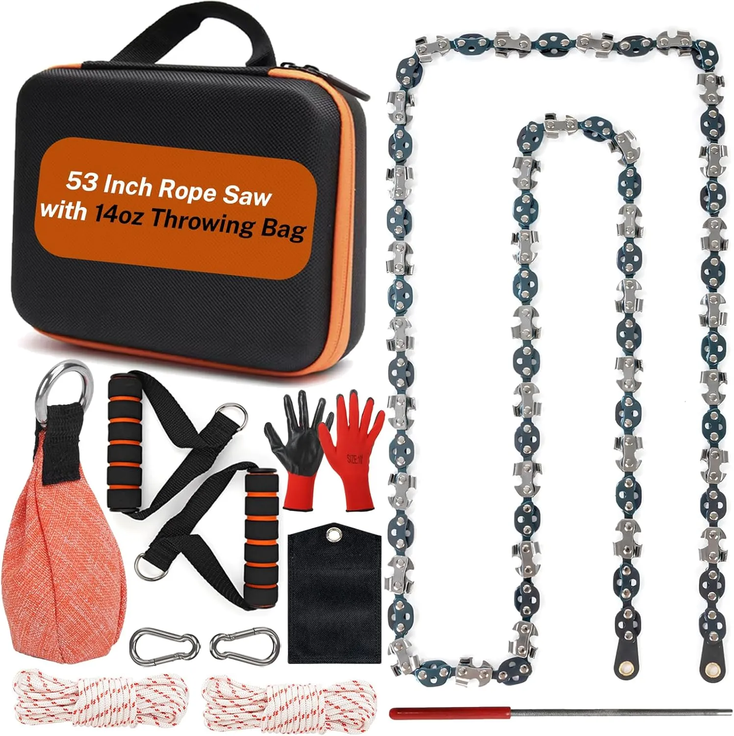 53 Inch High Limb Rope Saw with 14oz Throw Weight Bag, Hand Chainsaw with 68 Sharp Teeth Blades on Both Sides, Hand Rope Chain Saw Kit Includes Ergonomic Handles and Storage Case