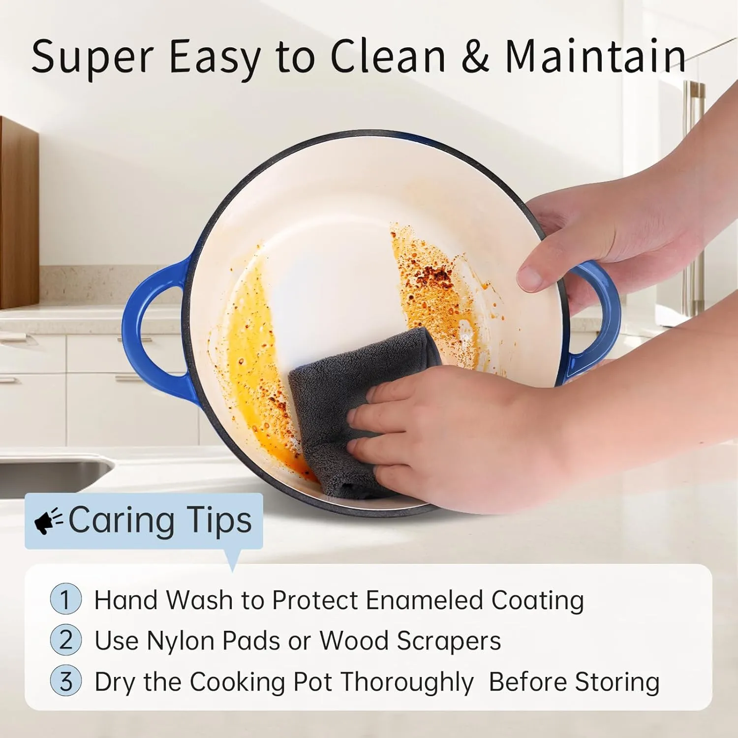 6 Quart Enameled Cast Iron Dutch Oven Pot with Lid and Silicone Accessories, Oven Safe up to 500°F or on Stovetop, Non-stick Dutch Oven for Bread Baking, Cooking, Dual Handles Cookware, Blue