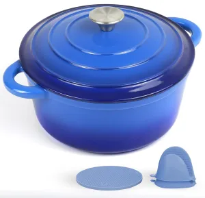 6 Quart Enameled Cast Iron Dutch Oven Pot with Lid and Silicone Accessories, Oven Safe up to 500°F or on Stovetop, Non-stick Dutch Oven for Bread Baking, Cooking, Dual Handles Cookware, Blue