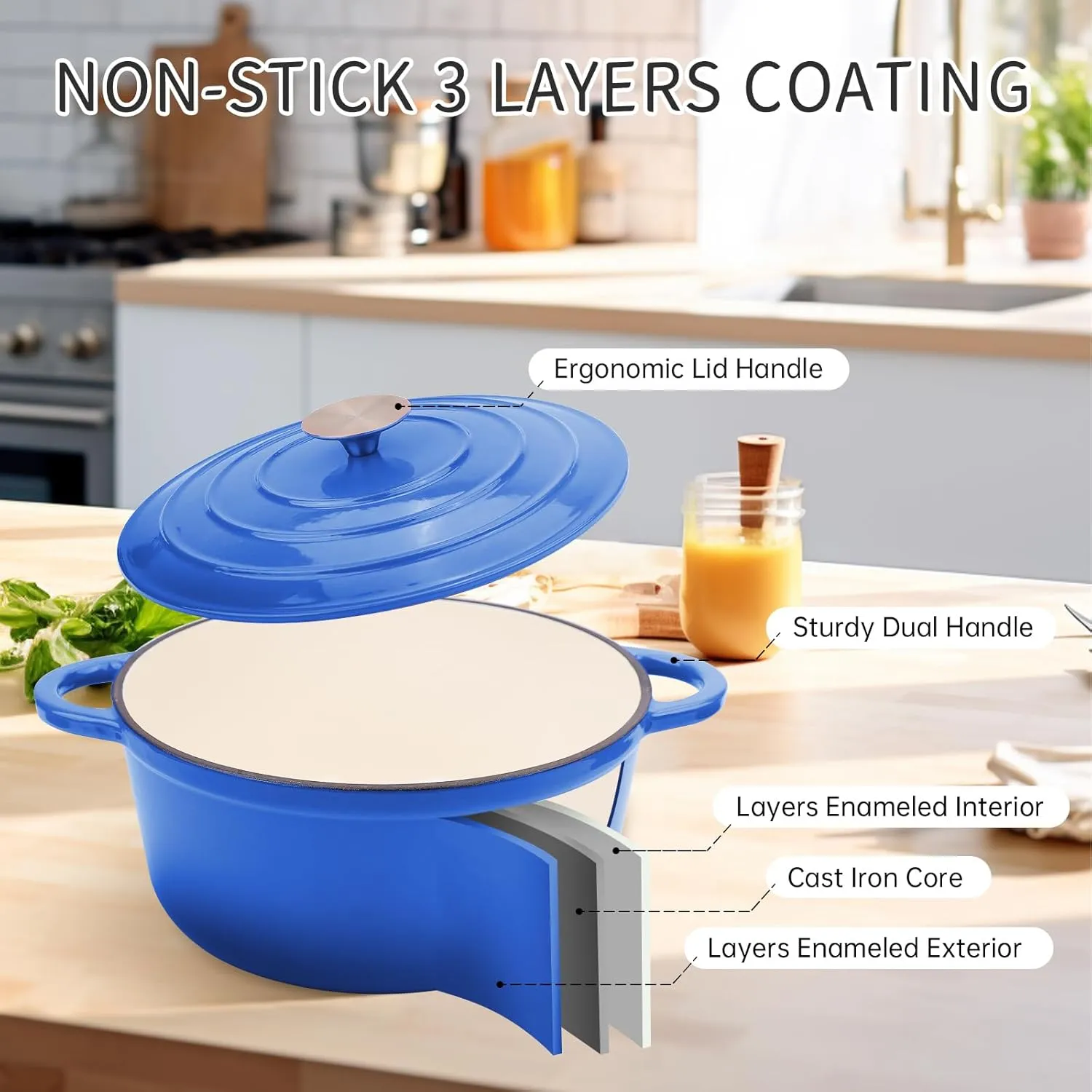 6 Quart Enameled Cast Iron Dutch Oven Pot with Lid and Silicone Accessories, Oven Safe up to 500°F or on Stovetop, Non-stick Dutch Oven for Bread Baking, Cooking, Dual Handles Cookware, Blue