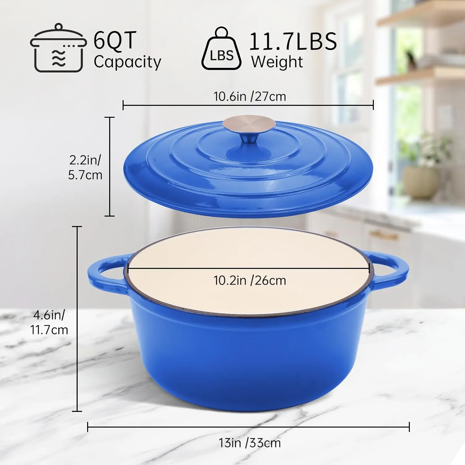 6 Quart Enameled Cast Iron Dutch Oven Pot with Lid and Silicone Accessories, Oven Safe up to 500°F or on Stovetop, Non-stick Dutch Oven for Bread Baking, Cooking, Dual Handles Cookware, Blue