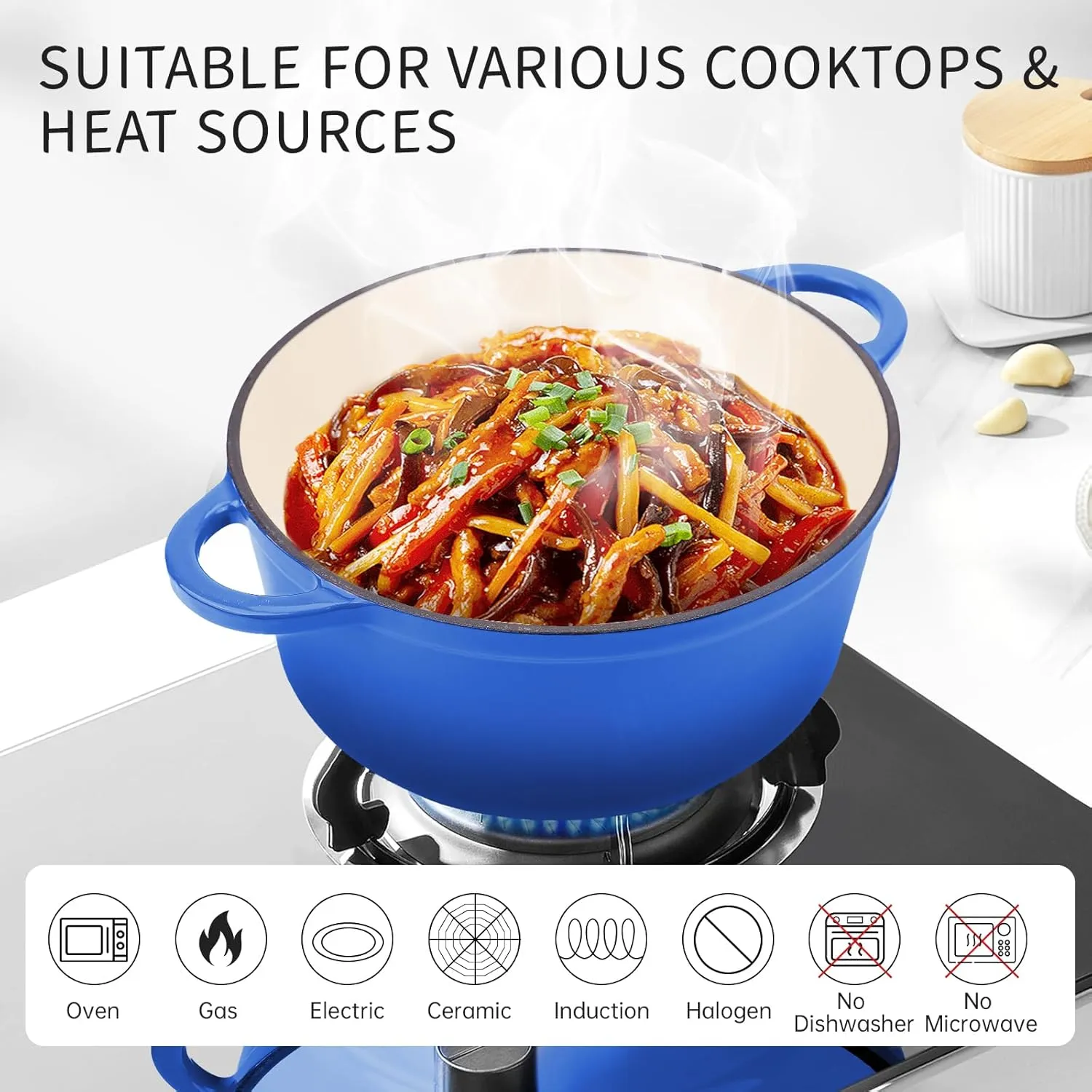 6 Quart Enameled Cast Iron Dutch Oven Pot with Lid and Silicone Accessories, Oven Safe up to 500°F or on Stovetop, Non-stick Dutch Oven for Bread Baking, Cooking, Dual Handles Cookware, Blue