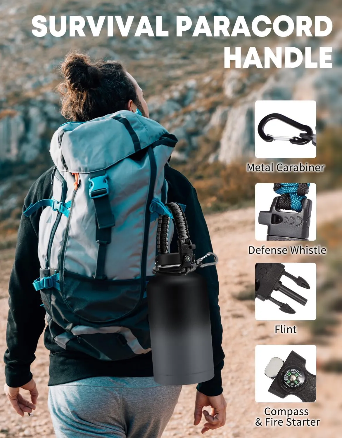 64 OZ Insulated Water Bottles with Straw - Waterbottle Carrier with Strap, Protective Boot & Paracord Handle, Stainless Steel Water Flask Canteen