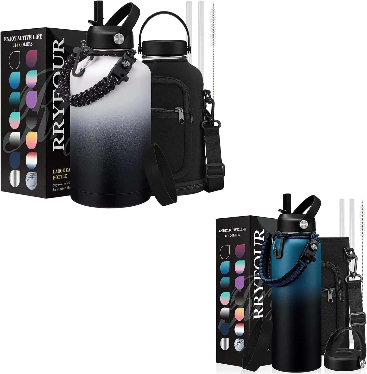64 oz Water Bottles Bundle with 40 oz Gym Water Bottle with Flex Cap Lids, Paracord Handle, Bottle Carrier Bag w/Strap, Large Water Bottle for Hiking Camping Trip Sport Work