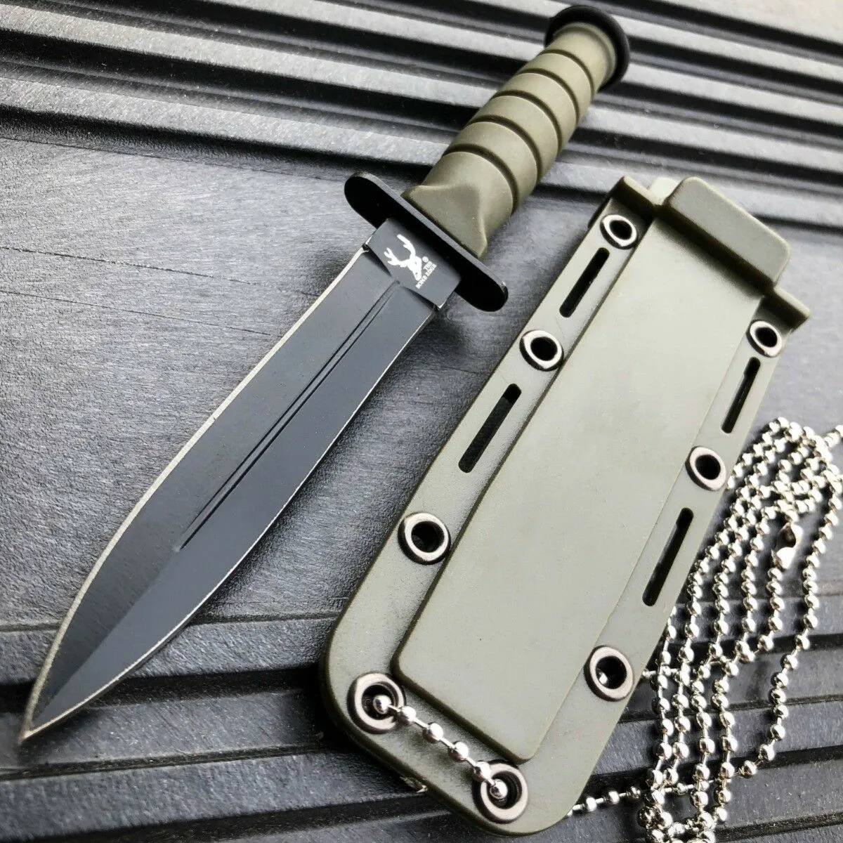 6" Military Tactical Kabai Combat FIXED BLADE Survival Neck Knife w Chain Sheath