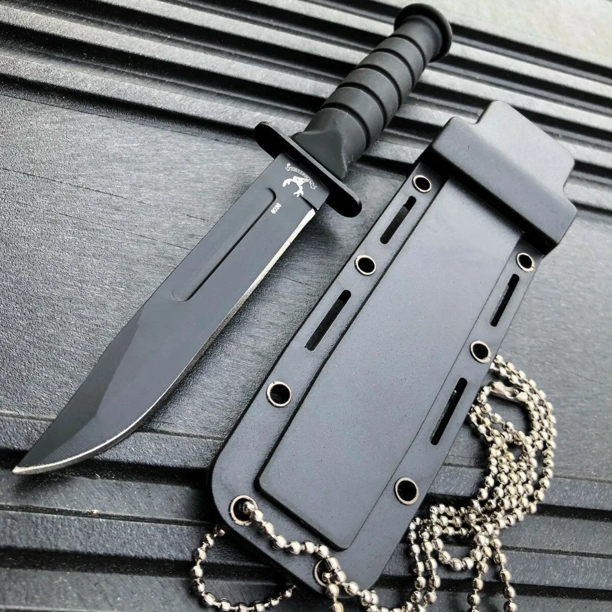 6" Military Tactical Kabai Combat FIXED BLADE Survival Neck Knife w Chain Sheath