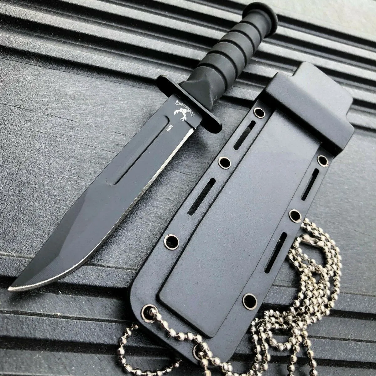 6" Military Tactical Kabai Combat FIXED BLADE Survival Neck Knife w Chain Sheath