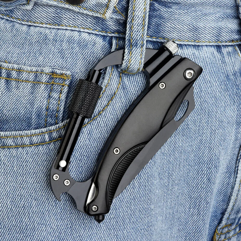 7 in 1 Aluminum Pocket Multitool Carabiner Knife with LED Flashlight&Screwdriver
