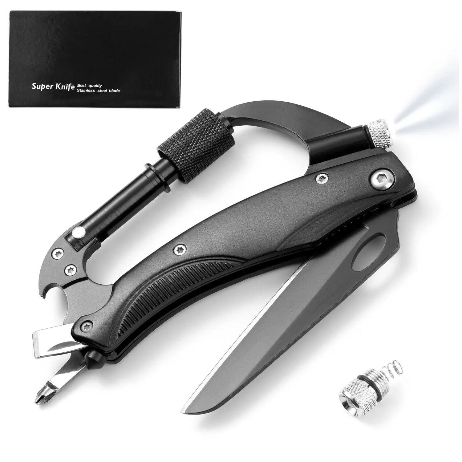 7 in 1 Aluminum Pocket Multitool Carabiner Knife with LED Flashlight&Screwdriver