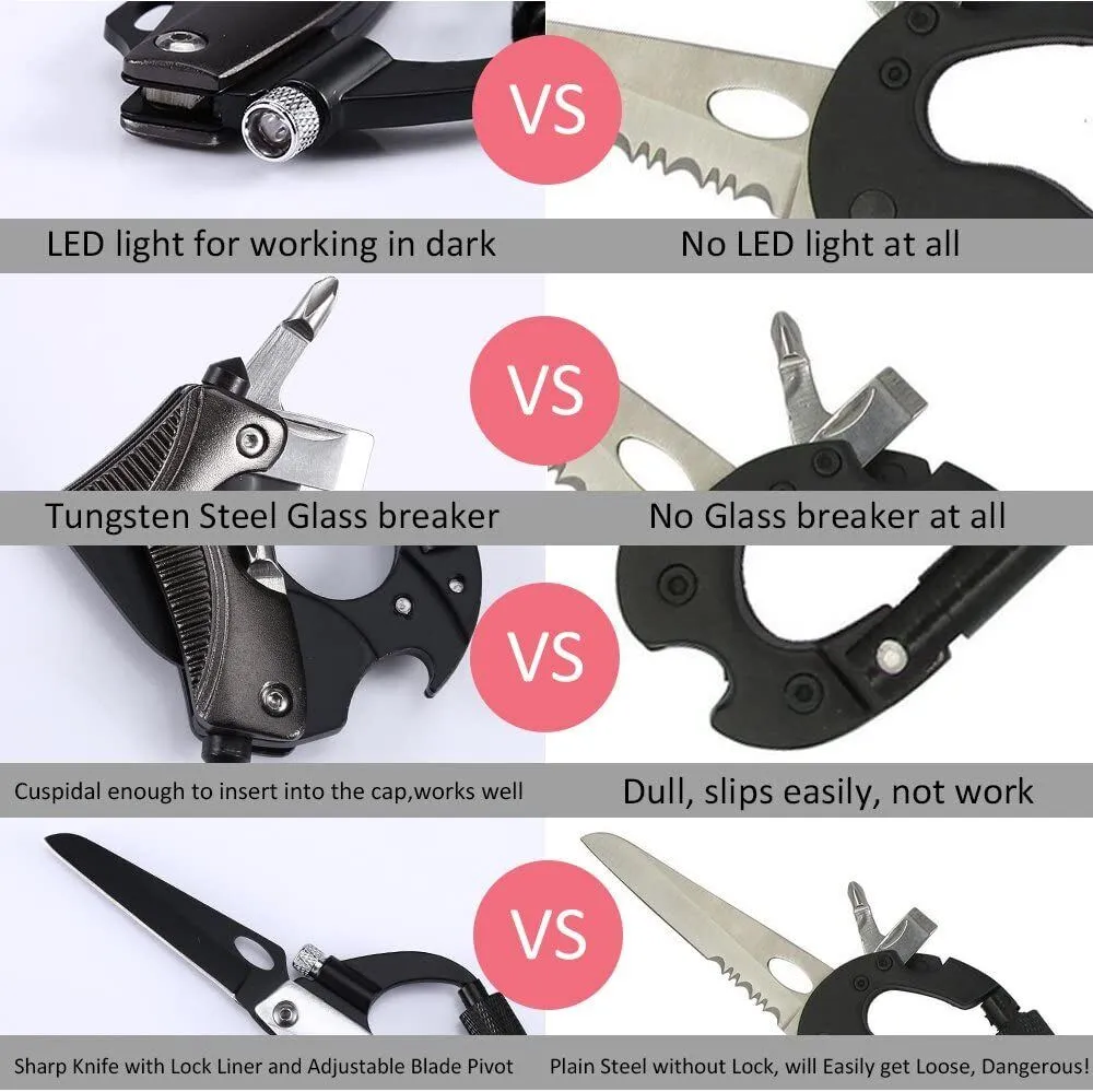 7 in 1 Aluminum Pocket Multitool Carabiner Knife with LED Flashlight&Screwdriver