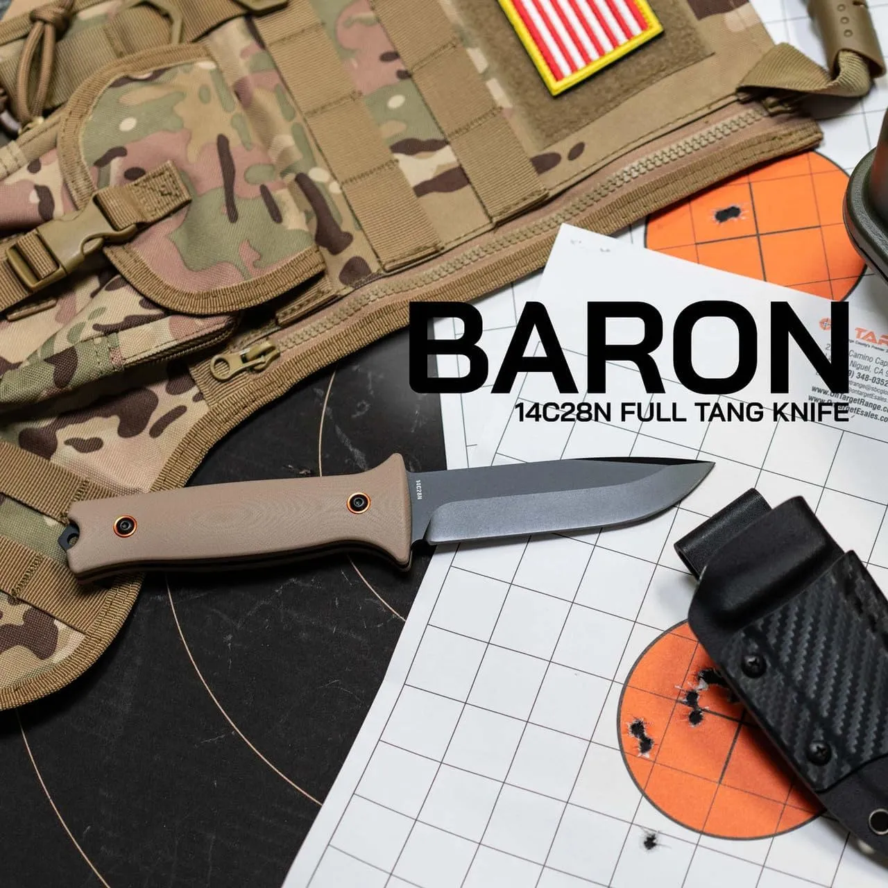 704 Gear Baron Fixed Blade Knife | 4.5 inch 14C28N Steel Full Tang Blade, Textured G10 Handle, and Kydex Sheath with Carrying Clip | Flat Dark Earth