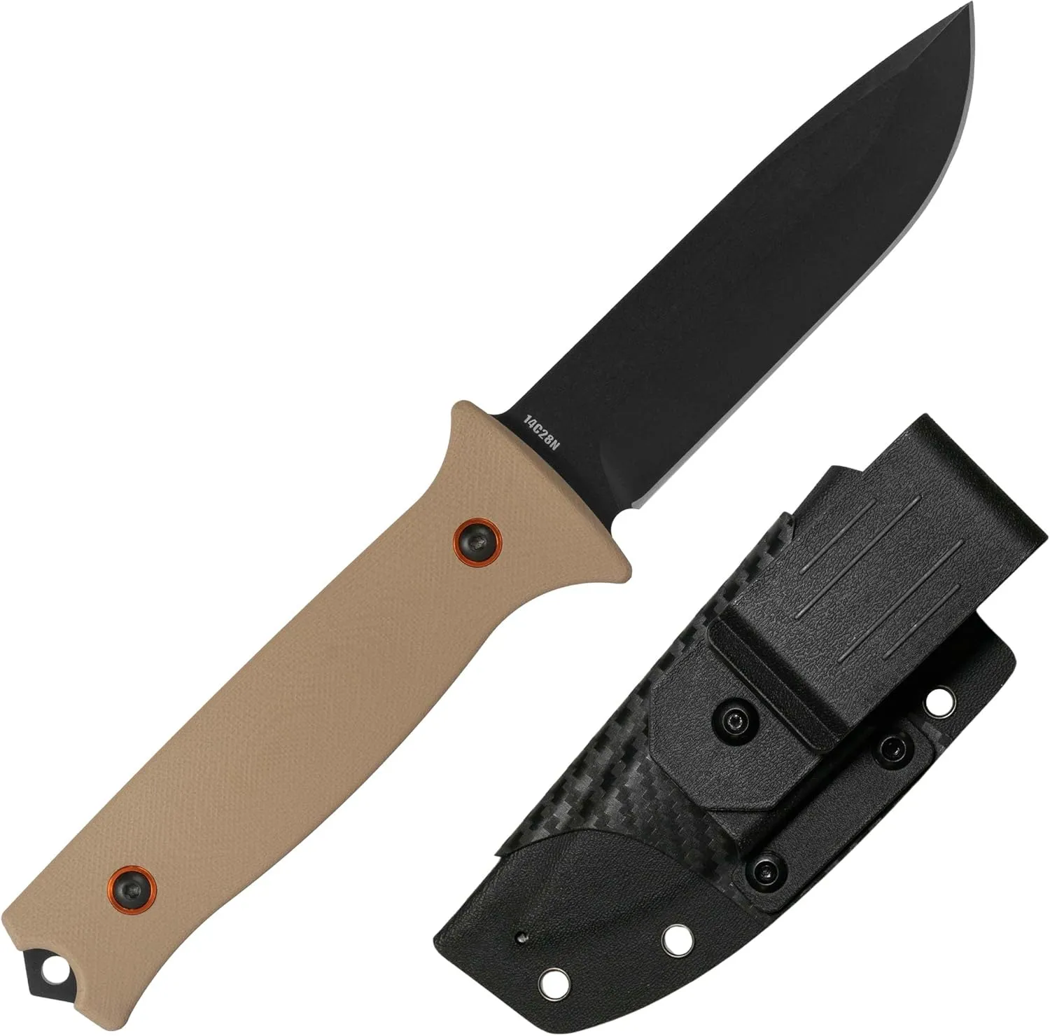 704 Gear Baron Fixed Blade Knife | 4.5 inch 14C28N Steel Full Tang Blade, Textured G10 Handle, and Kydex Sheath with Carrying Clip | Flat Dark Earth