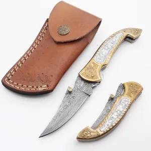 7.4 Inches Engraved Steel Damascus Folding Pocket Knife - Handmade Damascus Pocket Knife for Men - Pocket Knives & Folding Knives with Sheath - EDC Knife Pocket