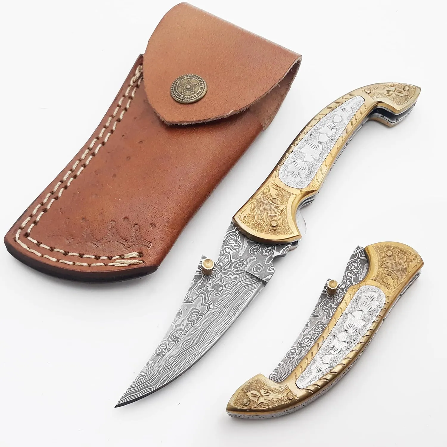 7.4 Inches Engraved Steel Damascus Folding Pocket Knife - Handmade Damascus Pocket Knife for Men - Pocket Knives & Folding Knives with Sheath - EDC Knife Pocket