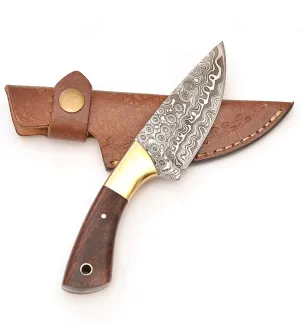7" Handmade Fixed Balde Damascus Steel Cowboy Knife, Hunting, EDC, Survival, Bushcraft, Skinning and Camping Knife, Knives For Men With Leather Sheath. (Brass Bolster)