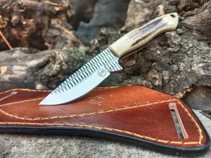 7" Handmade Fixed Blade Pointed Cowboy Skinner/Hunting Knife with Leather Sheath, Farrier Rasp Steel Razor Sharp Blade and Stag Handle for Hunting, Bushcrafting, Camping and Hiking