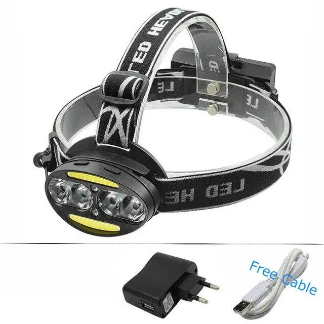 8 LED Headlight USB Rechargeable Headlamp 4* XM-L T6  2*COB  2*Red LED Head Lamp Light Flashlight Torch   18650 Battery Charger