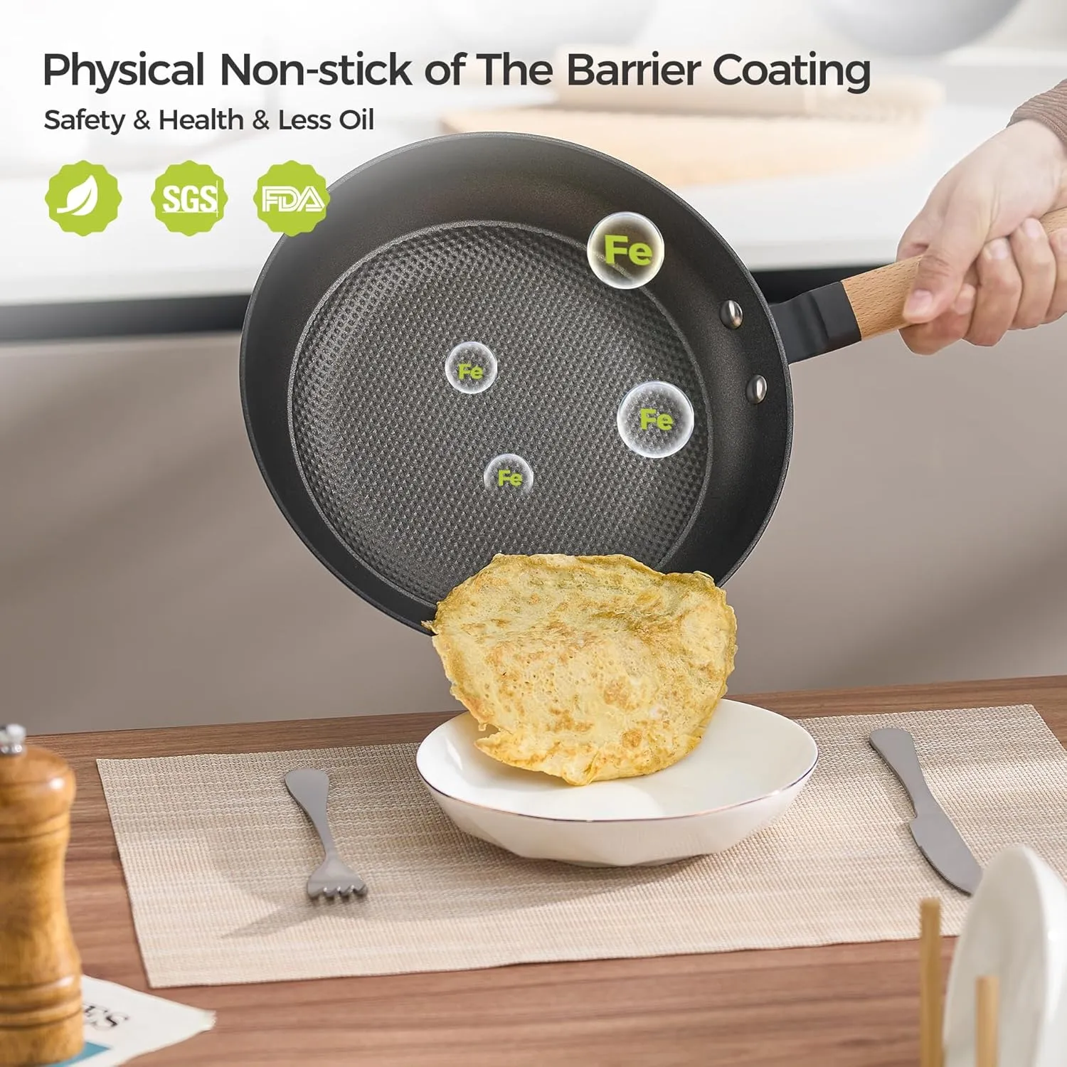 8&10&12 Inch Non-stick Cast Iron Skillet,Enameled Pre-seasoned Frying Pan with Detachable Handle,Lightweight,Dishwasher Oven Safe (500°F)