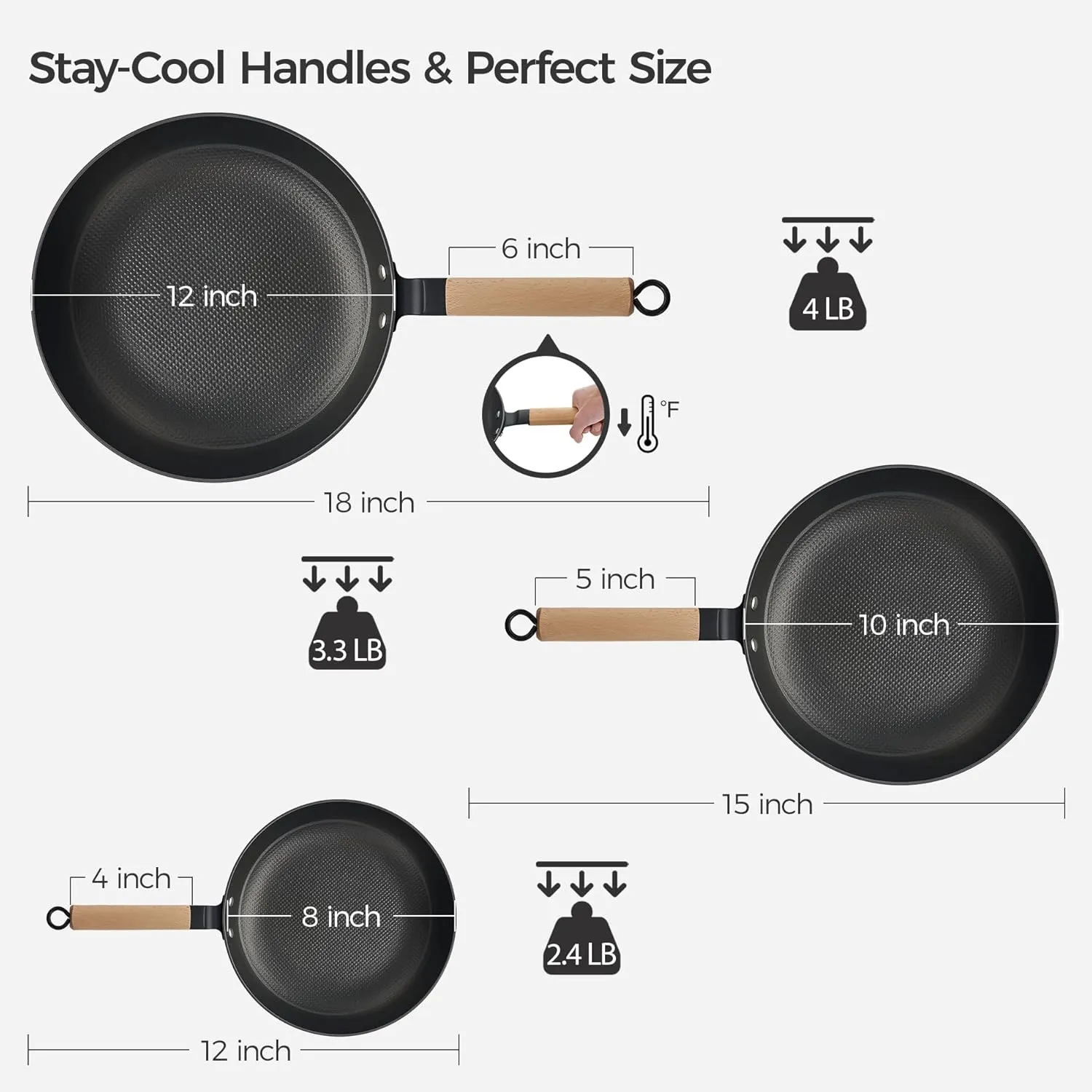 8&10&12 Inch Non-stick Cast Iron Skillet,Enameled Pre-seasoned Frying Pan with Detachable Handle,Lightweight,Dishwasher Oven Safe (500°F)