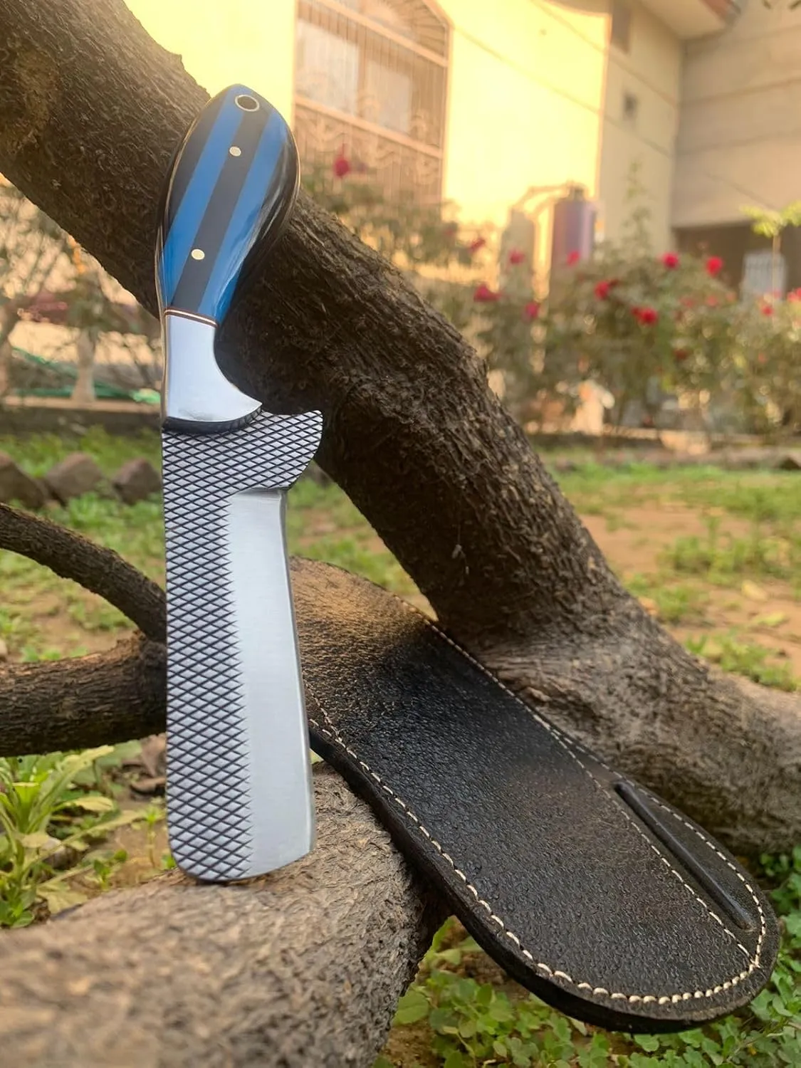 8" Handmade Rasp Bull cutter knife,Fixed Blade Hunting Knife with Real Leather Sheath,Camping,Skinning Tool used for Outdoor activities and gifting it's a unique product for unique buyers (blue and black)