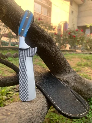 8" Handmade Rasp Bull cutter knife,Fixed Blade Hunting Knife with Real Leather Sheath,Camping,Skinning Tool used for Outdoor activities and gifting it's a unique product for unique buyers (blue and black)