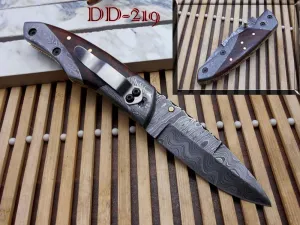 8" Long Folding Knife with Pocket Clip, Hand Forged Damascus Steel 3.5" Blade. Available in Walnut Wood, Bull Horn, Ram Horn, Red & Blue Scale with Damascus Bolster, Cow Hide Leather Sheath