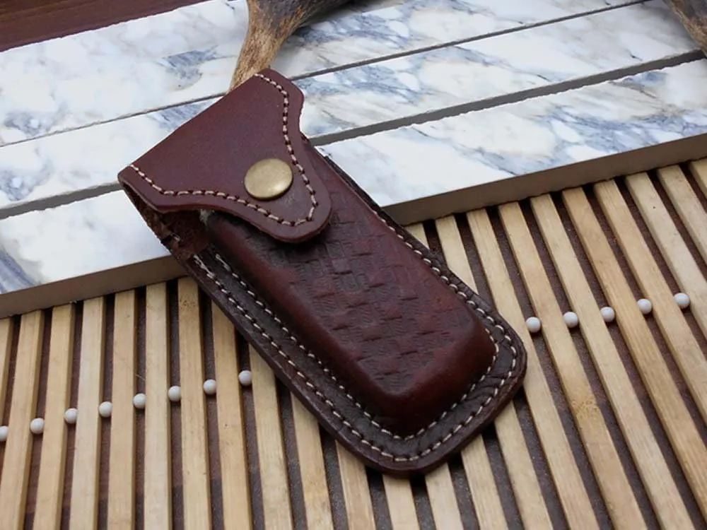 8" Long Folding Knife with Pocket Clip, Hand Forged Damascus Steel 3.5" Blade. Available in Walnut Wood, Bull Horn, Ram Horn, Red & Blue Scale with Damascus Bolster, Cow Hide Leather Sheath