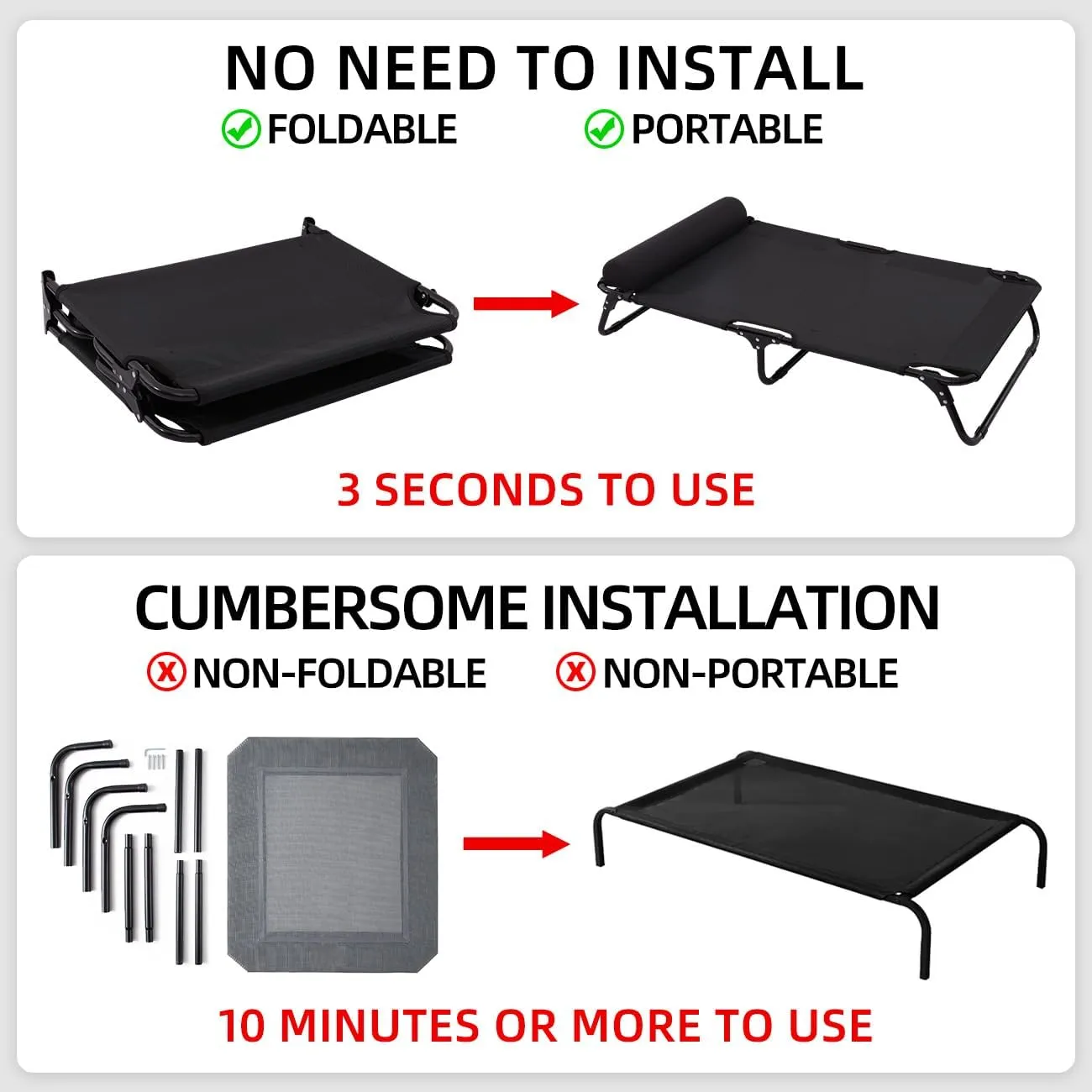 ABE Outdoor Dog Bed,Dog Cot,Dog Beds Large Sized Dog,Raised Dog Bed,Cooling Dog Bed,Elevated Dog Bed,Outside Dog Bed Off Ground,Outdoor Pet Bed (X-Large), black