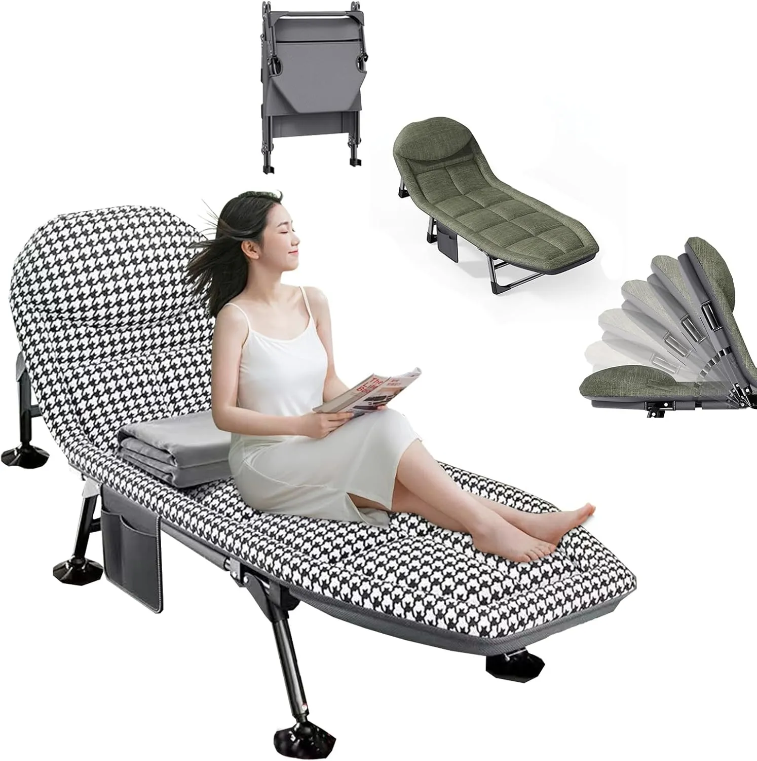 Adults Adjustable Camping Bed Heavy Duty Folding Camping Cot 6 Adjustable Comes with Headrest Storage Bag and Eye Mask Camping Folding Bed, Camp, Travel, Room, Office(Black and white checkered)