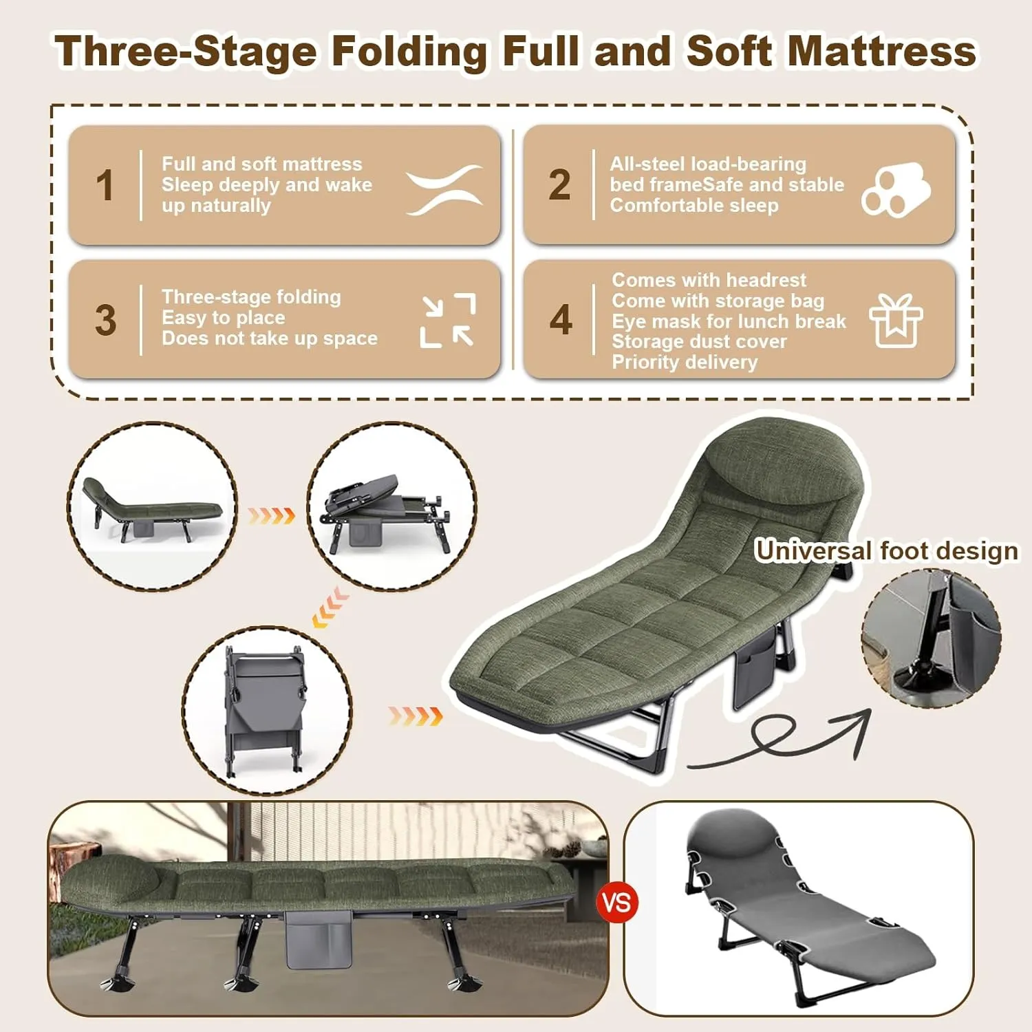Adults Adjustable Camping Bed Heavy Duty Folding Camping Cot 6 Adjustable Comes with Headrest Storage Bag and Eye Mask Camping Folding Bed, Camp, Travel, Room, Office(Black and white checkered)