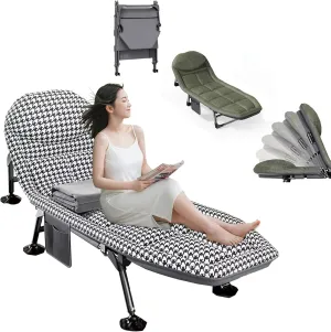 Adults Adjustable Camping Bed Heavy Duty Folding Camping Cot 6 Adjustable Comes with Headrest Storage Bag and Eye Mask Camping Folding Bed, Camp, Travel, Room, Office(Black and white checkered)