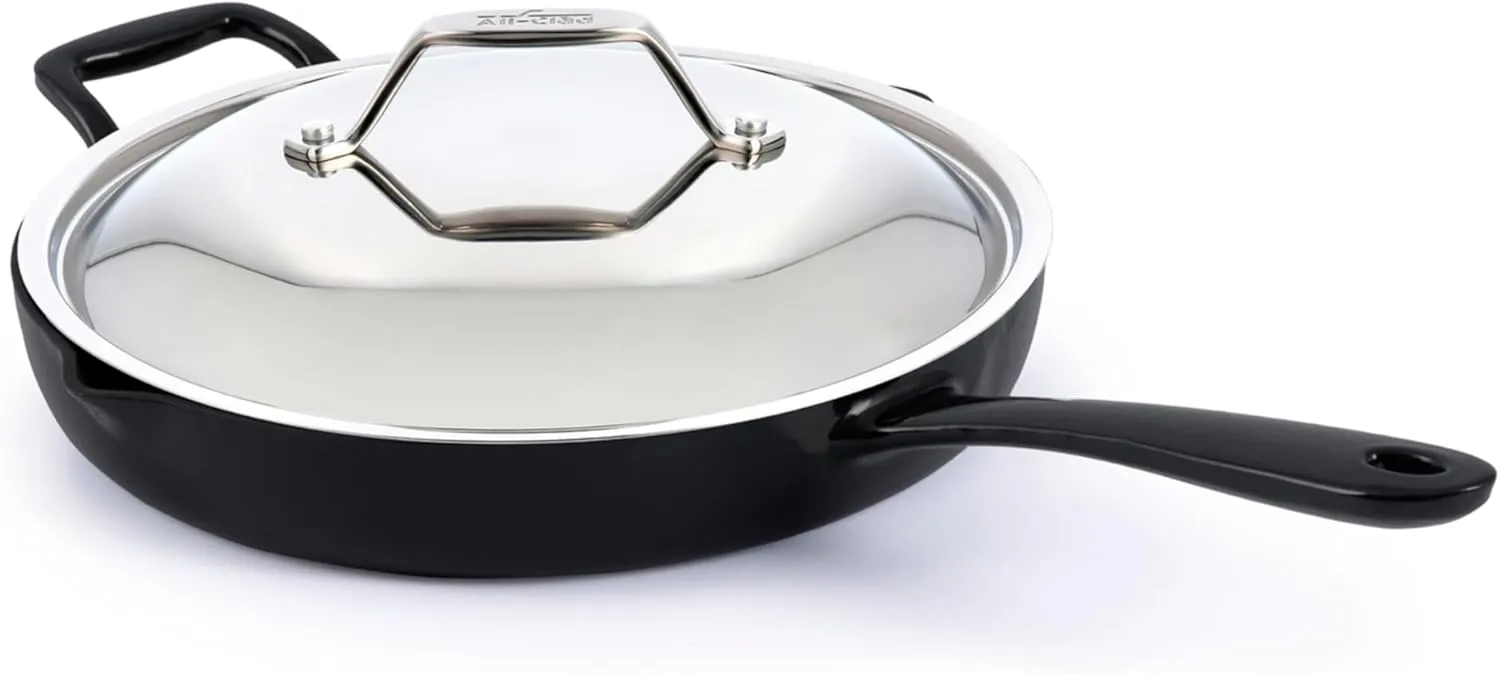 All-Clad Cast Iron Skillet - 12” Enameled Cast Iron Pan with Lid, Enamel Coating, Grill, Oven Safe up to 650°F & Compatible with All Stovetops (Gas, Electric & Induction), Easy-Clean Frying Pan, Black