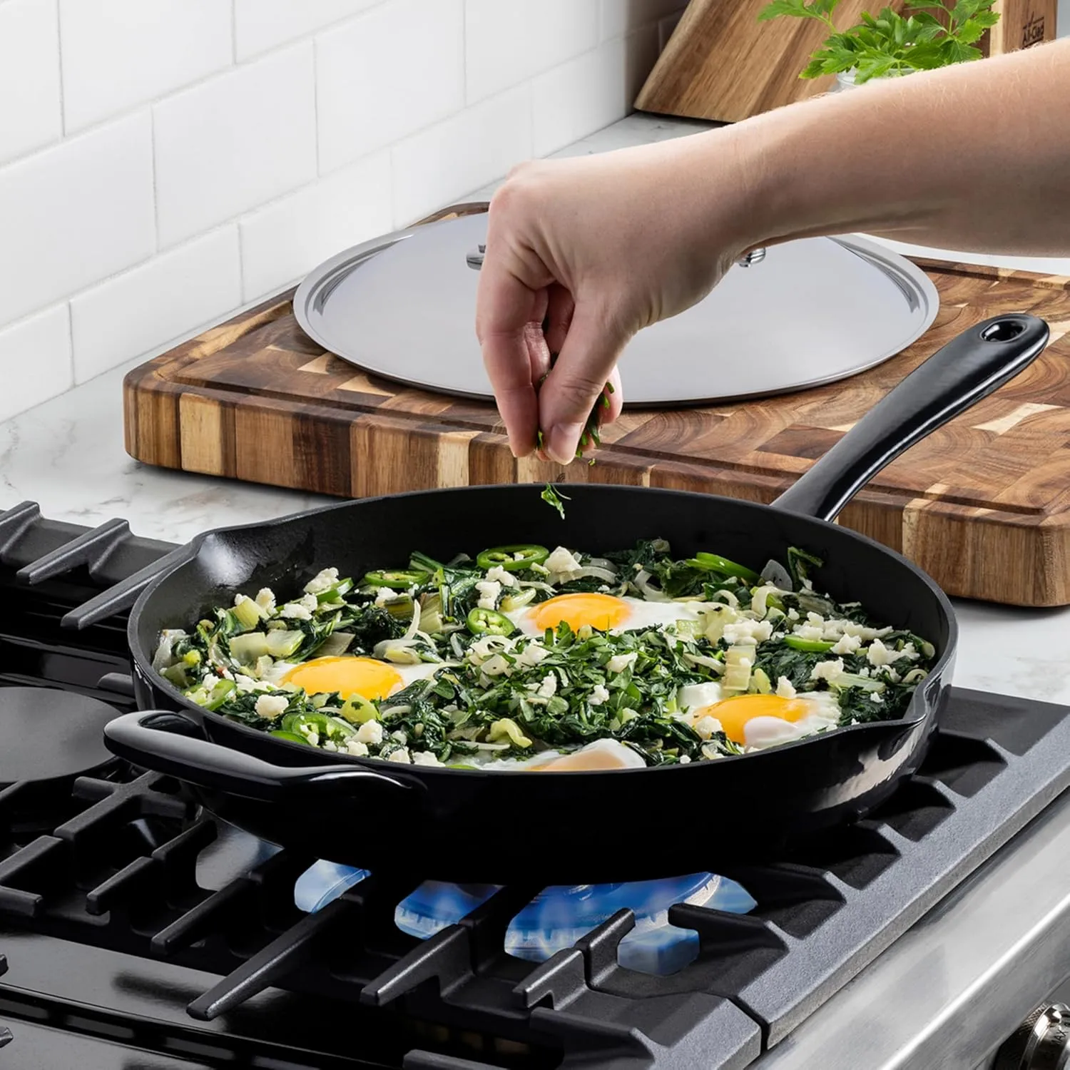 All-Clad Cast Iron Skillet - 12” Enameled Cast Iron Pan with Lid, Enamel Coating, Grill, Oven Safe up to 650°F & Compatible with All Stovetops (Gas, Electric & Induction), Easy-Clean Frying Pan, Black