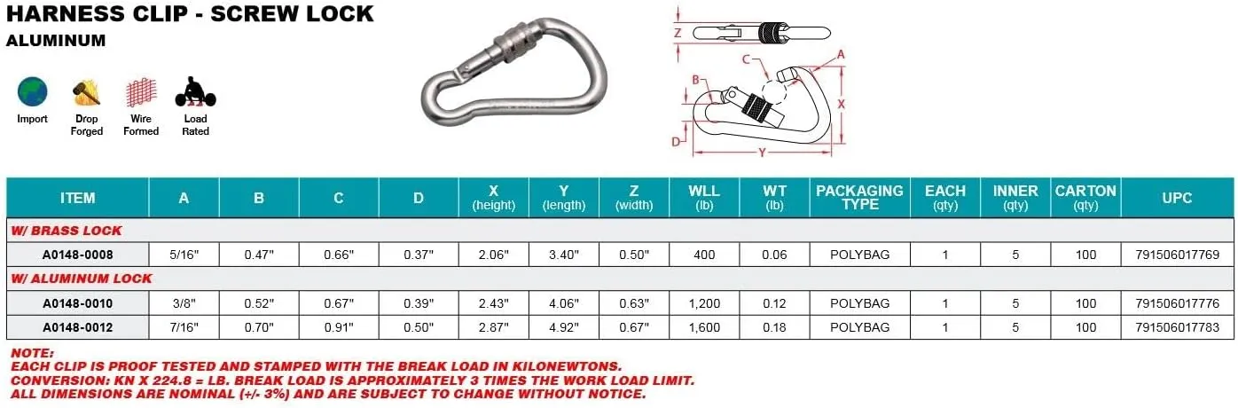 ALUMINUM HARNESS CLIP SCREW LOCK CARABINER, 5"