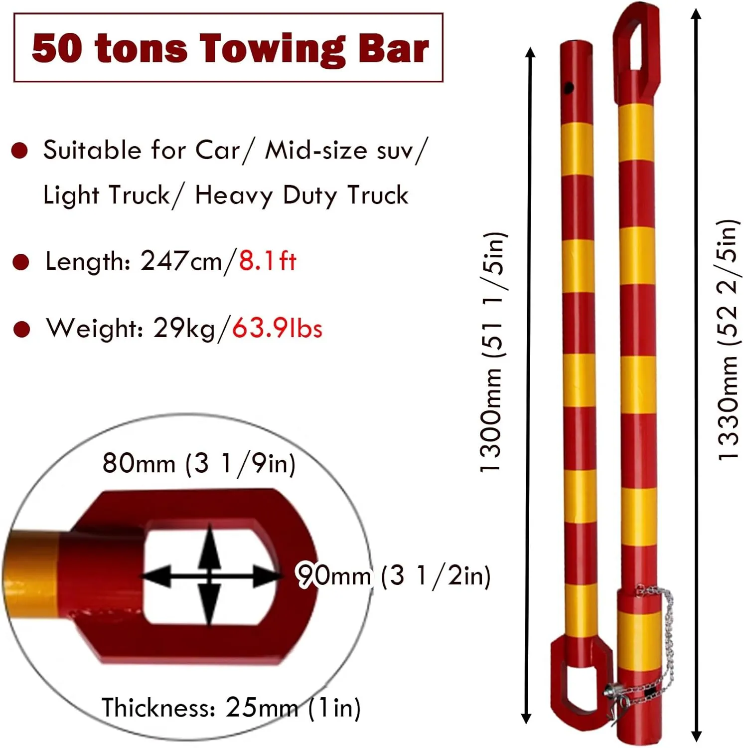 AMUFJJ Straight Pipe Steel Recovery Tow Bar Towing Pole, Heavy Duty 3 5 Ton 20 30 50 T Towbar & Spring Bars with Organizer Bag, Emergency Breakdown Spring Damper(Load 50 tons)