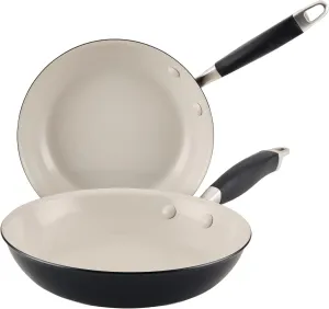 Anolon Advanced Ceramic Nonstick Frying Pans, cookware made for confident cooking without PFAS, Induction Suitable, Dishwasher Safe, 8.5 Inch and 10 Inch Skillet Set, Black with Cream Ceramic Interior