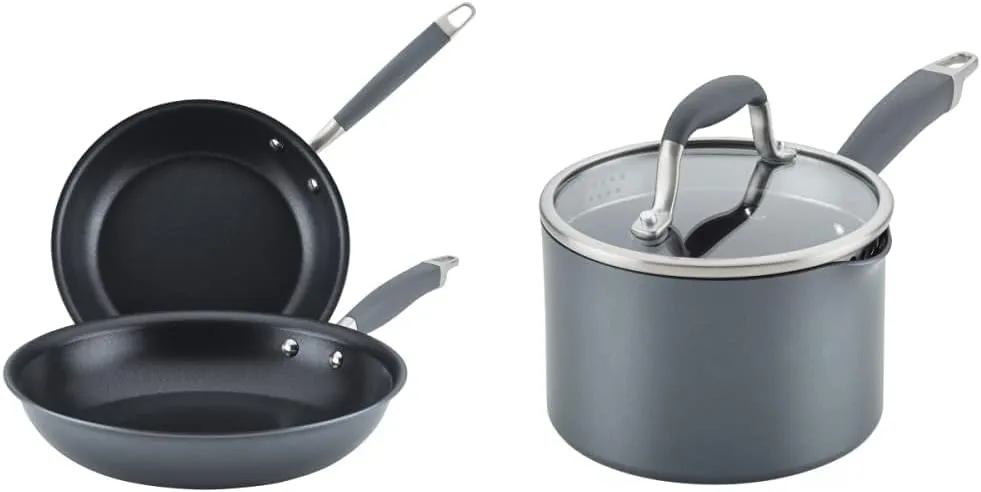 Anolon Advanced Home Hard-Anodized Nonstick Skillets (2 Piece Set- 10.25-Inch & 12.75-Inch, Moonstone) & Advanced Home Hard Anodized Nonstick Sauce Pan/Saucepan