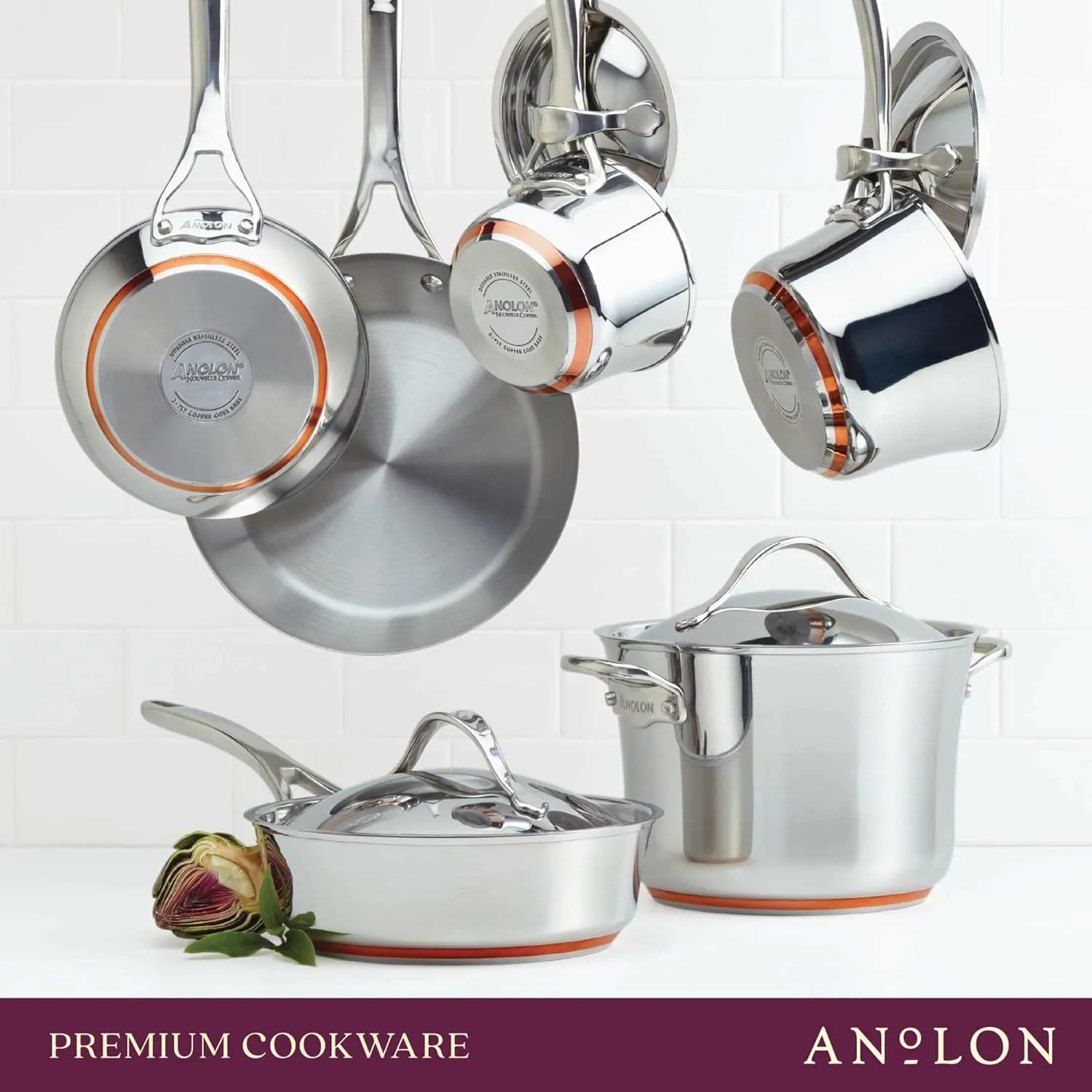 Anolon Nouvelle Stainless Stainless Steel Frying Pan / Fry Pan / Stainless Steel Skillet with Lid - 12 Inch, Silver