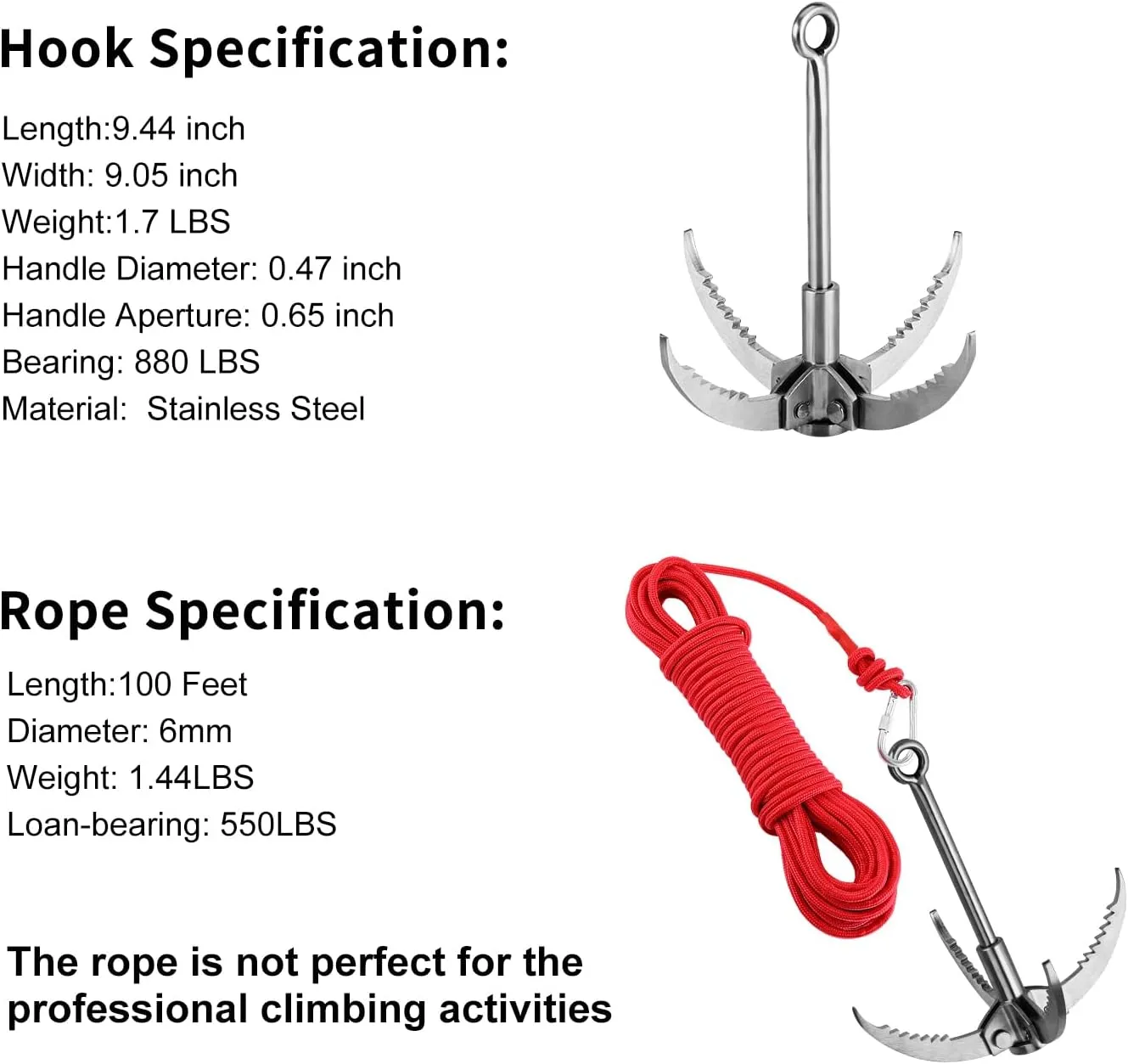 Ant Mag Grappling Hook Stainless Steel Claw Carabiner for Camping Hiking Tree Grabbing and Water Lifting Salvage