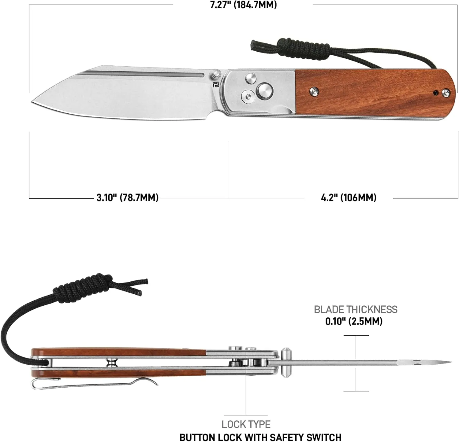 ARTISANCUTLERY Holm Pocket Knife with 3.10'' AR-RPM9 Steel, Handle with Stone Washed Steel and Wood Inlay, Button Lock with Safety Switch Folding Knife for Men, Sharp Camping Survival 1875P Rose Wood