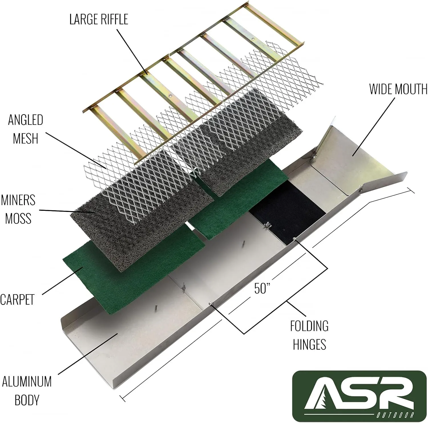ASR Outdoor Deluxe 50" Aluminum Folding Sluice Box Gold Prospecting Kit, Green