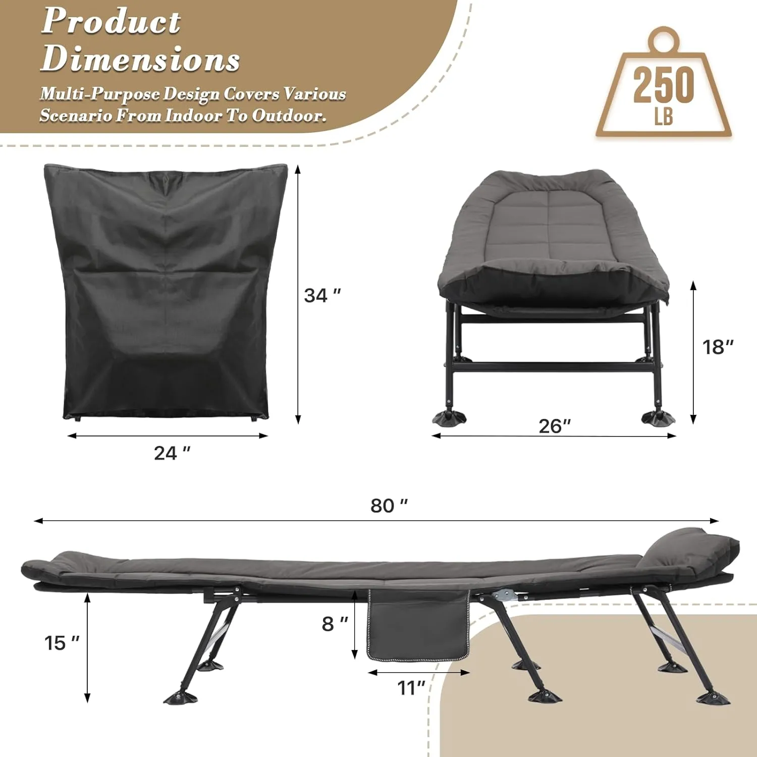 Athena Collection Folding Camping Cots Set of 2 with Mattress, 180° Adjustable Heavy Duty Camp Cot Sleeping Bed for Home Outdoor Travel, Portable Camping Bed with Pillow and Side Pocket for Adults